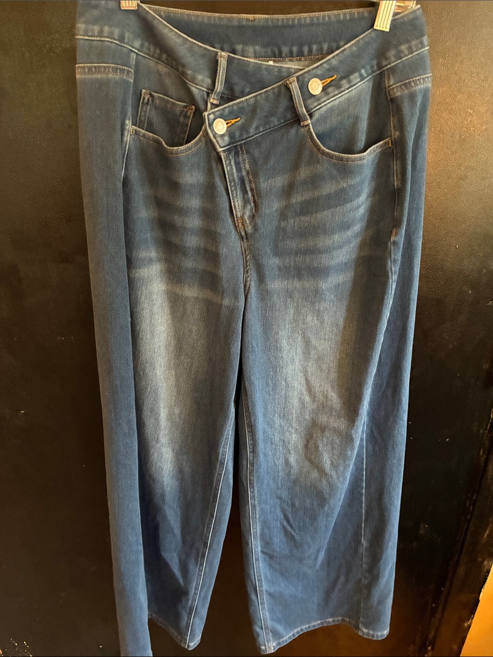 HALARA Wide-Leg Jeans in Medium Blue Wash Asymmetrical Front LP